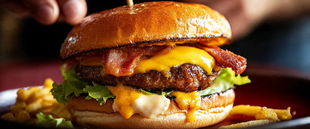 Close-up of a cheeseburger with bacon and melted cheese