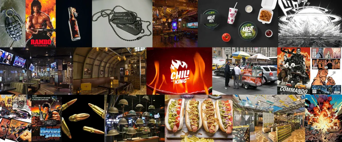 Moodboard of action film posters, comics, dog tags, food trucks and military-themed restaurants