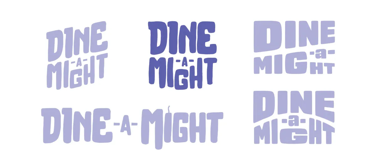 Five Dine-a-Might logotype variations in lavender on white