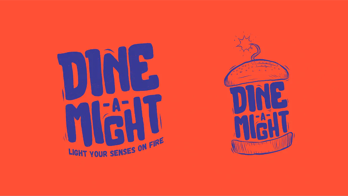 Dine-a-Might logo with the tagline Light your senses on fire next to a burger bomb mark, blue on red