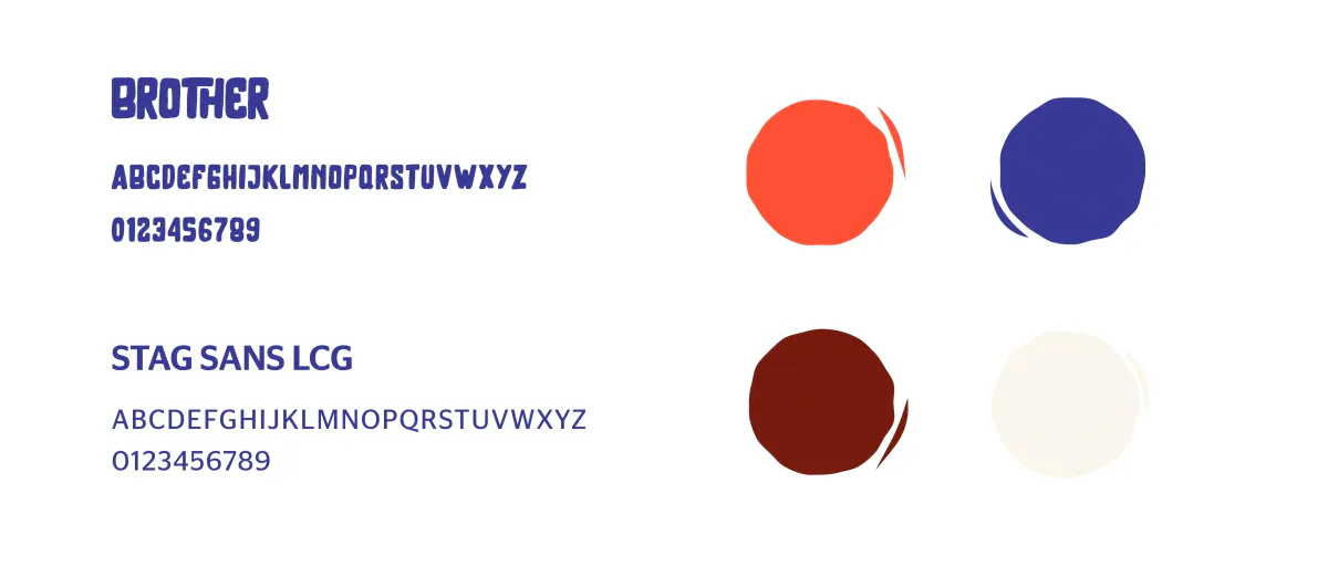 Brother and Stag Sans LCG type specimens beside red, blue, maroon and cream colour swatches