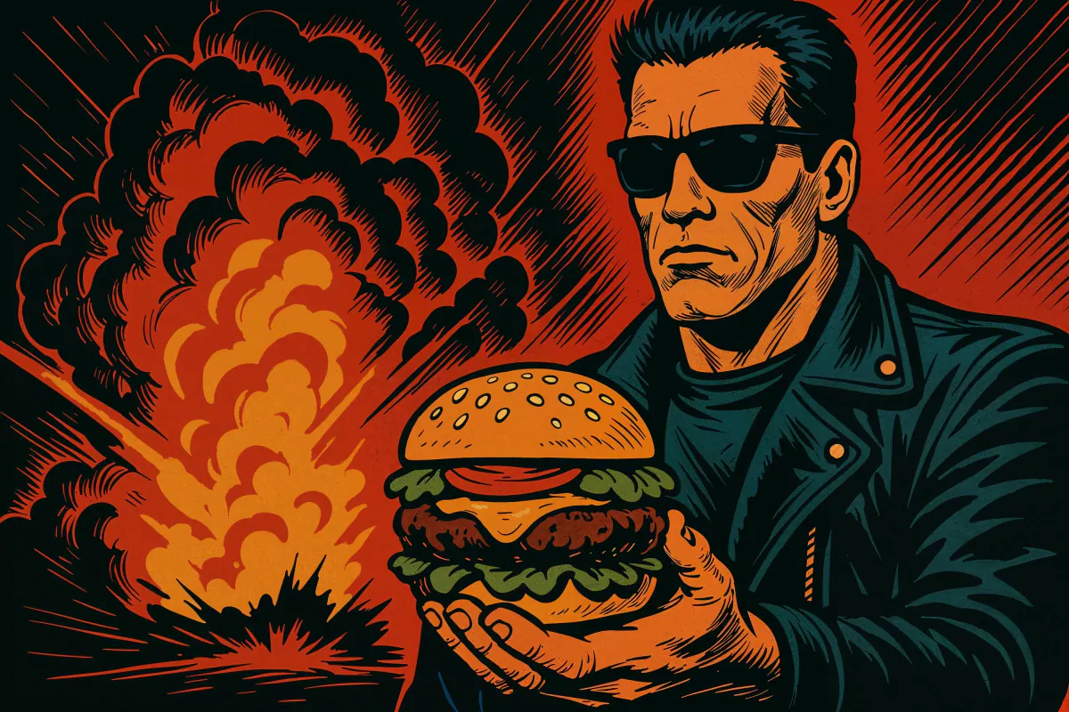 Comic-style illustration of a man in sunglasses holding a burger in front of an explosion