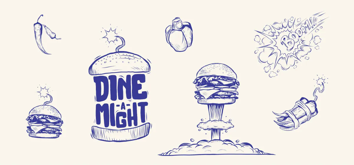 After: Dine-a-Might illustrations, from pencil sketches to finished blue ink drawings