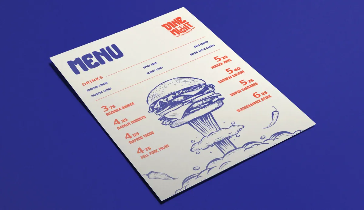 Dine-a-Might menu with a burger illustration on a blue surface
