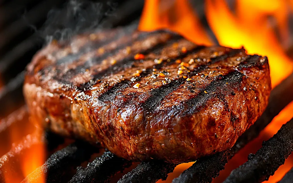 Burger patty searing over open flames