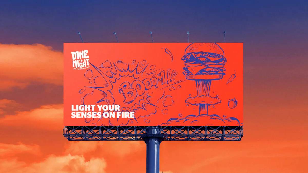 Billboard with the Boom burger illustration and Light your senses on fire against an orange sky
