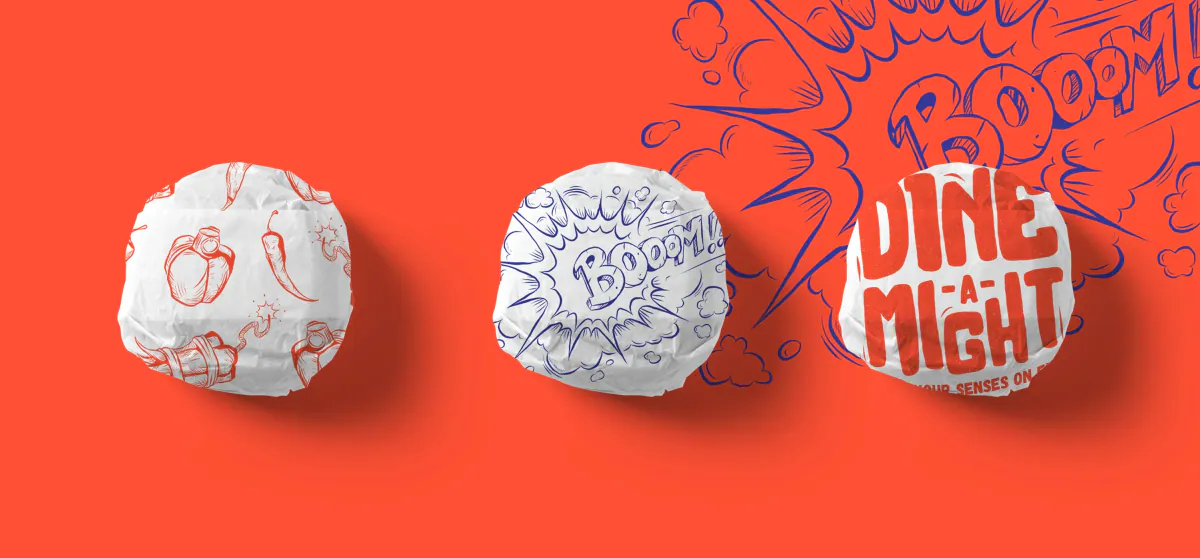 Three wrapped burgers on red, one wrapper printed with the Dine-a-Might logo