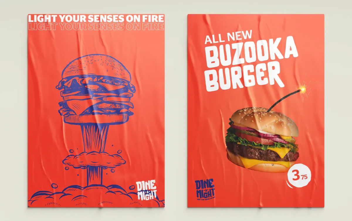 Two red posters, one with the tagline over a burger illustration and one for the All New Buzooka Burger