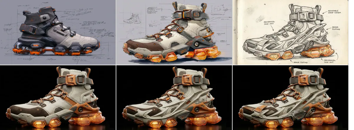 Sneaker concept sketches above three rendered versions on black