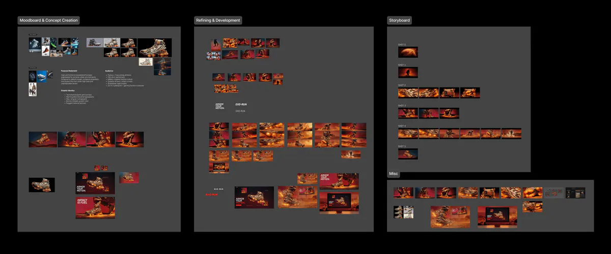 Figma boards for moodboard, refinement and storyboard frames