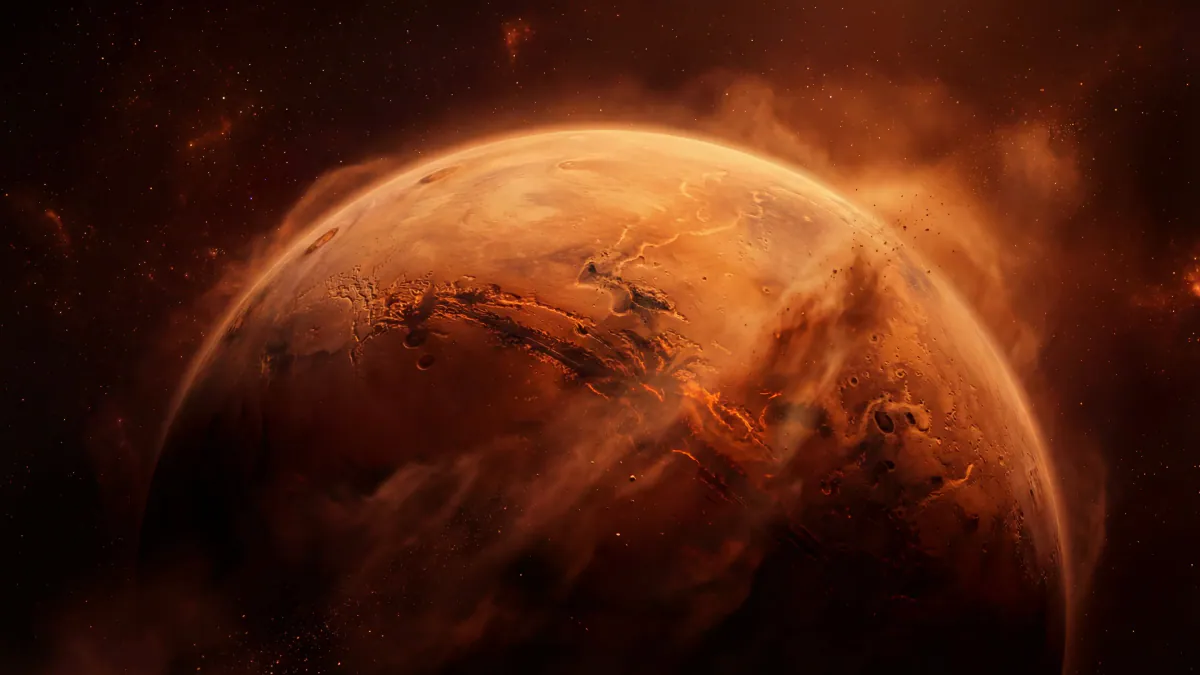 Mars seen from orbit through red haze