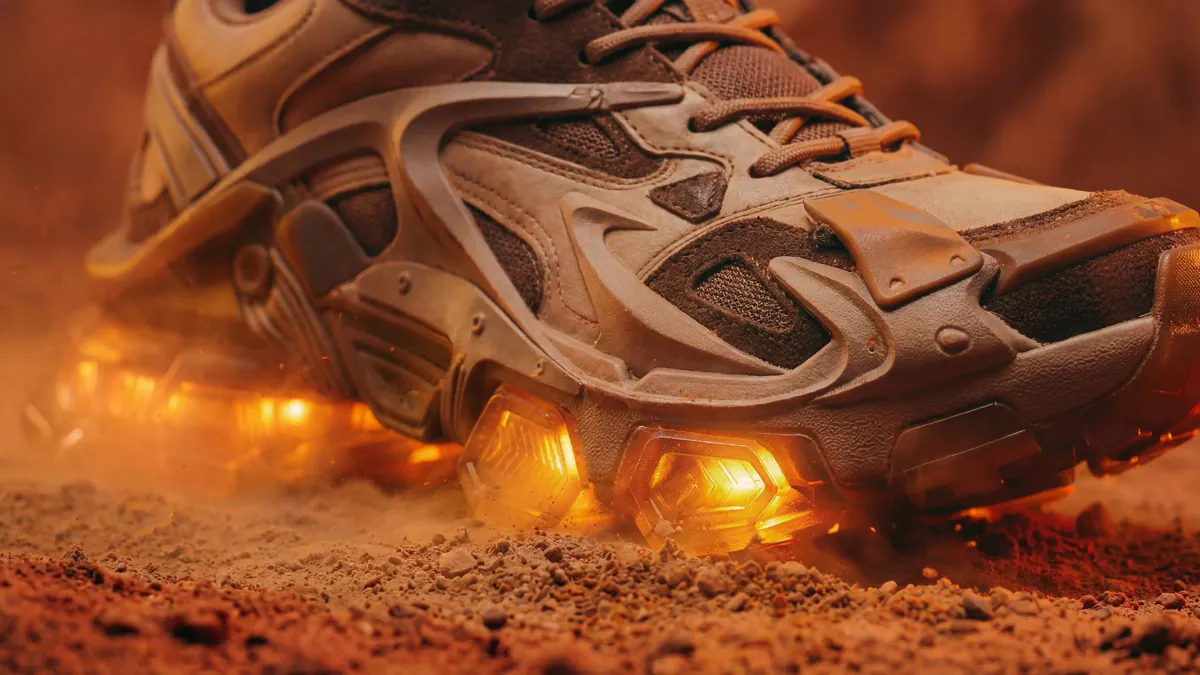Sneaker kicking up dust with glowing sole cells