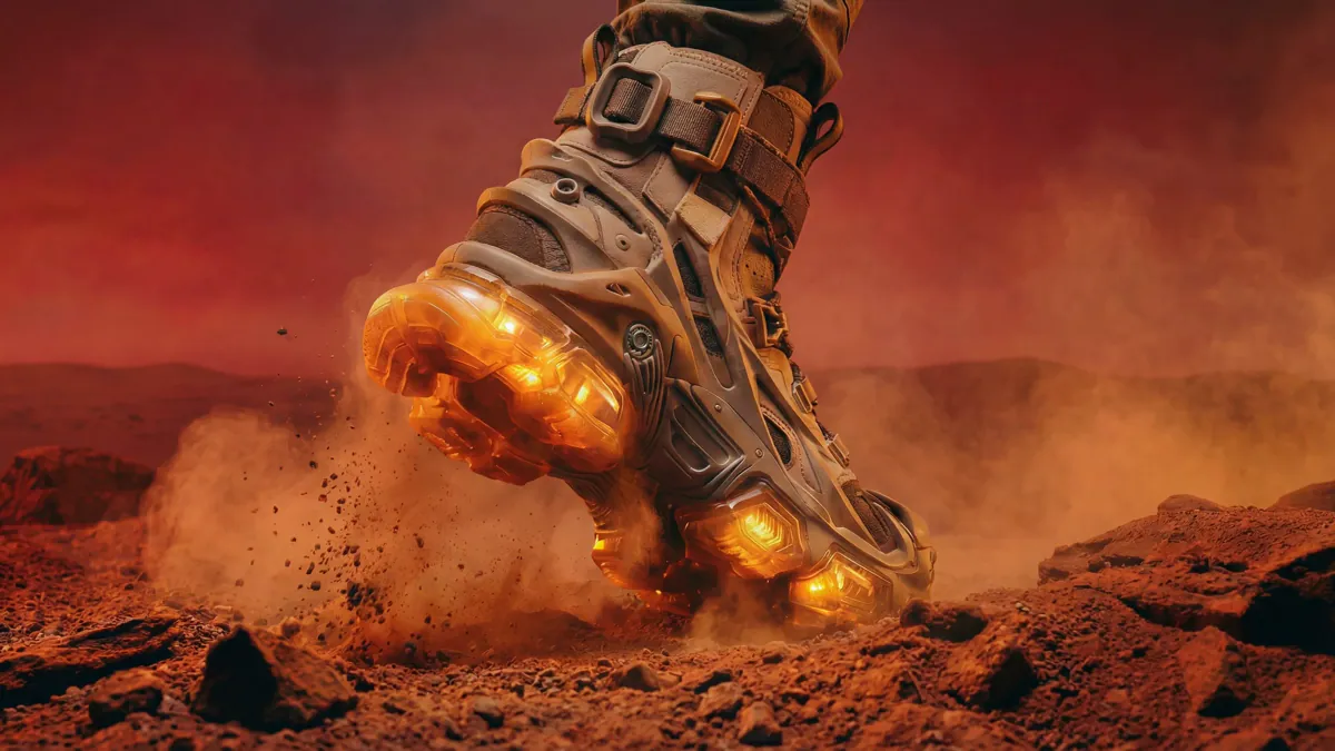 Sneaker landing on red dust with glowing soles