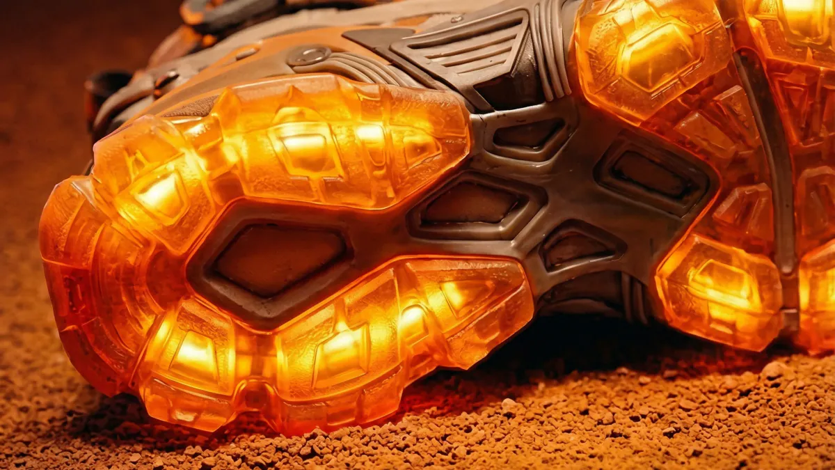 Glowing orange sole cells pressed into red sand