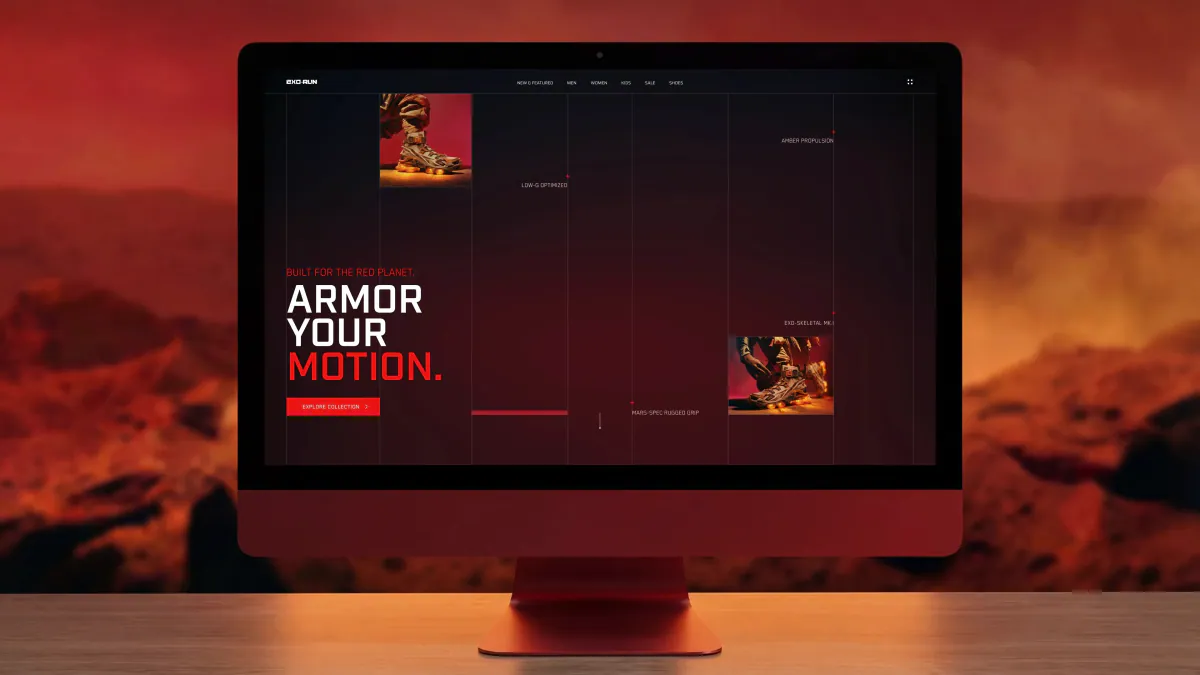 EXO-RUN website on a desktop monitor, a sneaker floating beside the headline Armor Your Motion