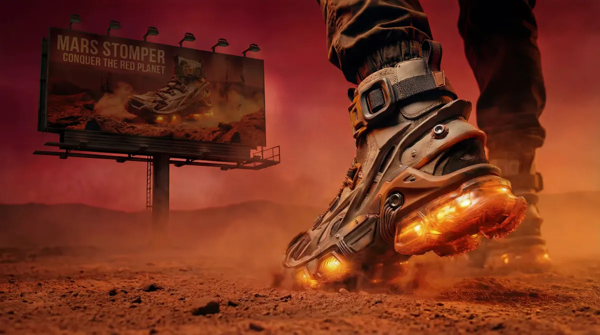 Billboard reading Mars Stomper, Conquer the Red Planet, beside a glowing sneaker in red dust