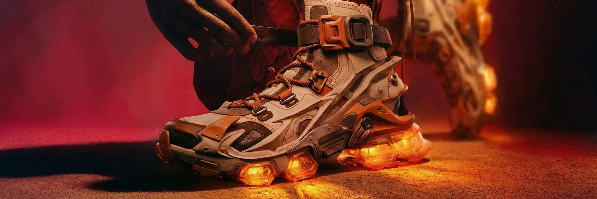 Rugged sneaker with glowing orange soles on red Martian dust
