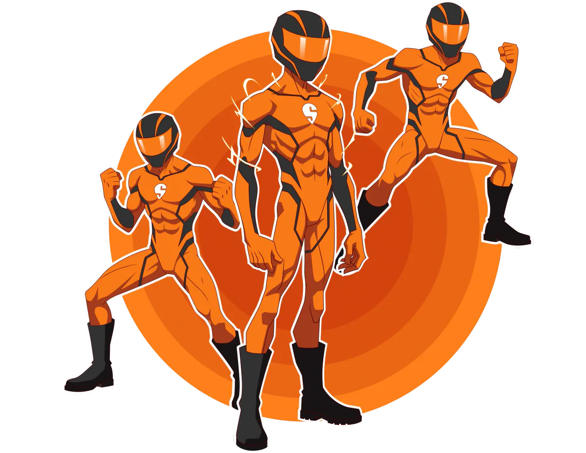 Velox the mascot in an orange riding suit and helmet, shown in three poses