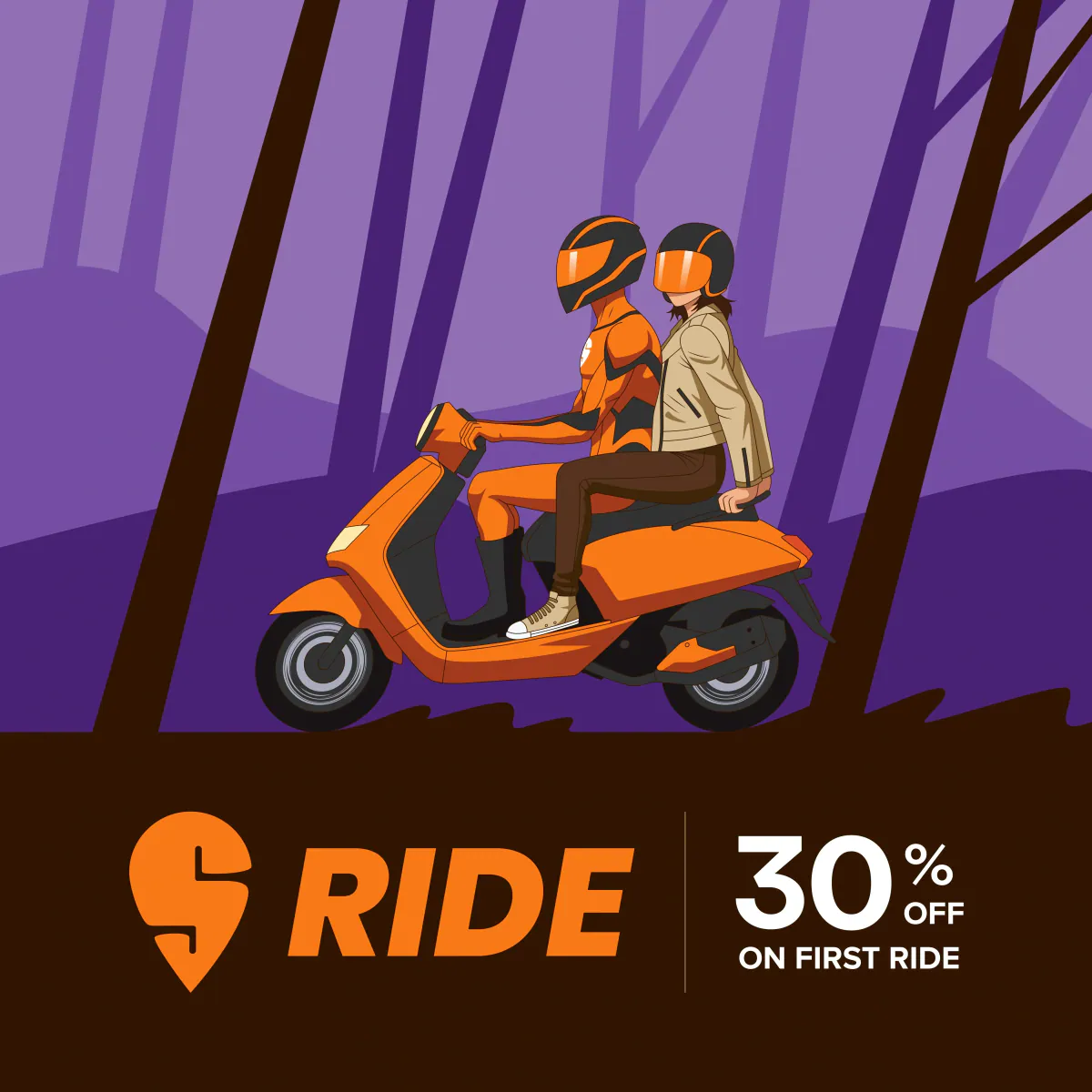 Ride ad offering 30% off the first ride, two riders on a scooter in a purple forest