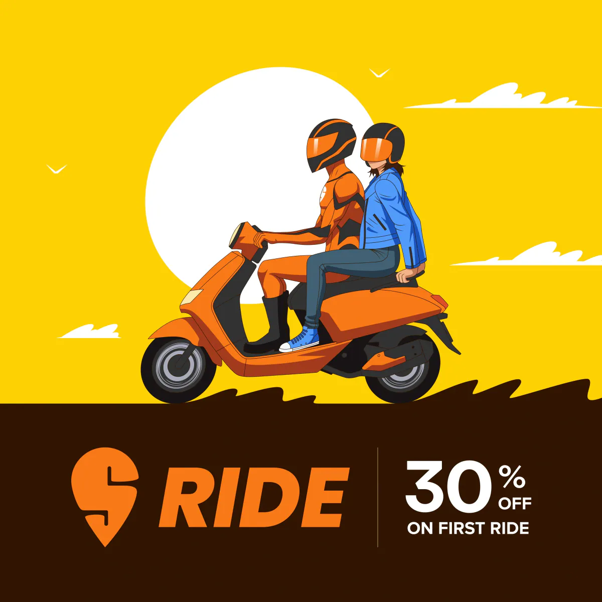 Ride ad offering 30% off the first ride, two riders on a scooter under a yellow sky