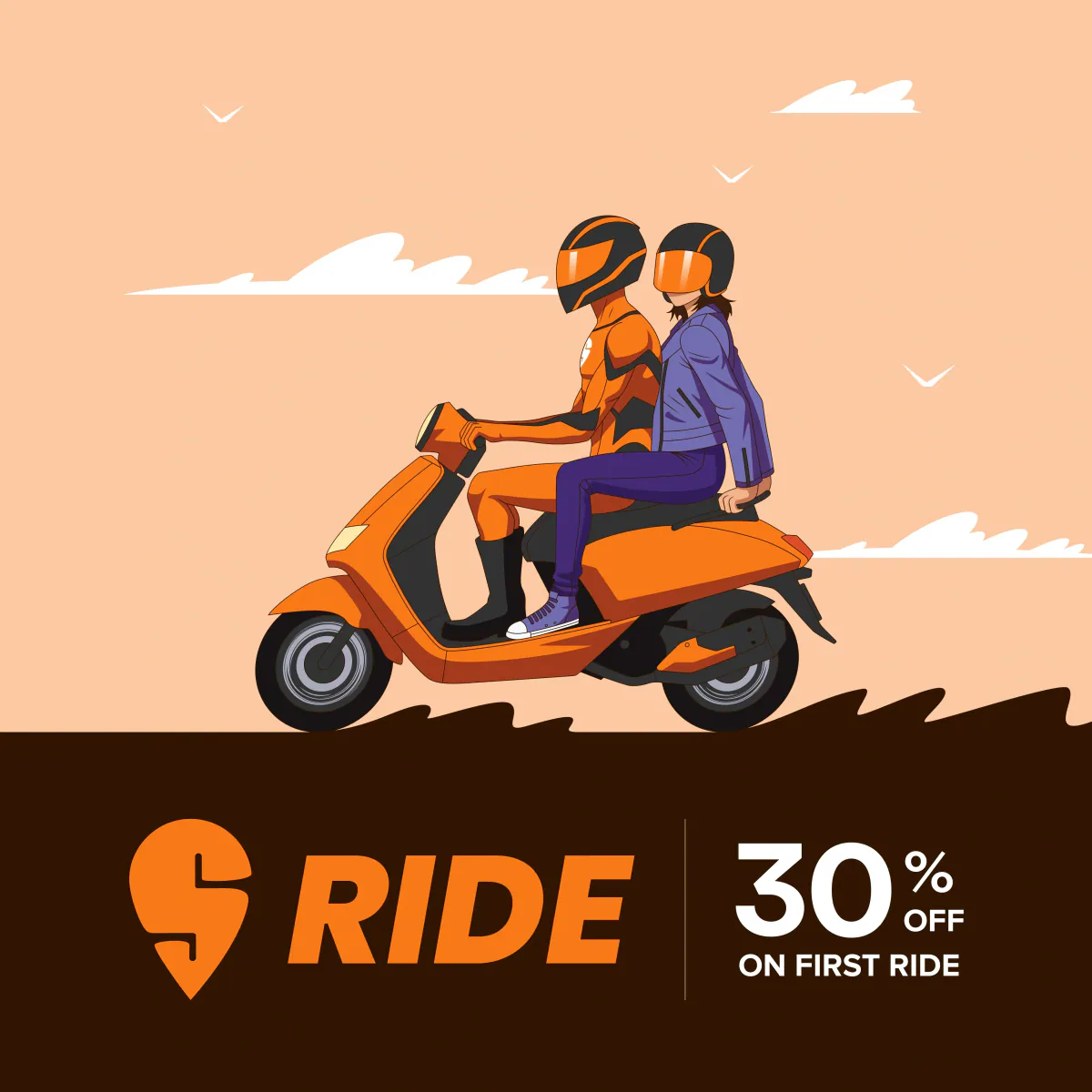 Ride ad offering 30% off the first ride, two riders on a scooter against a peach sky