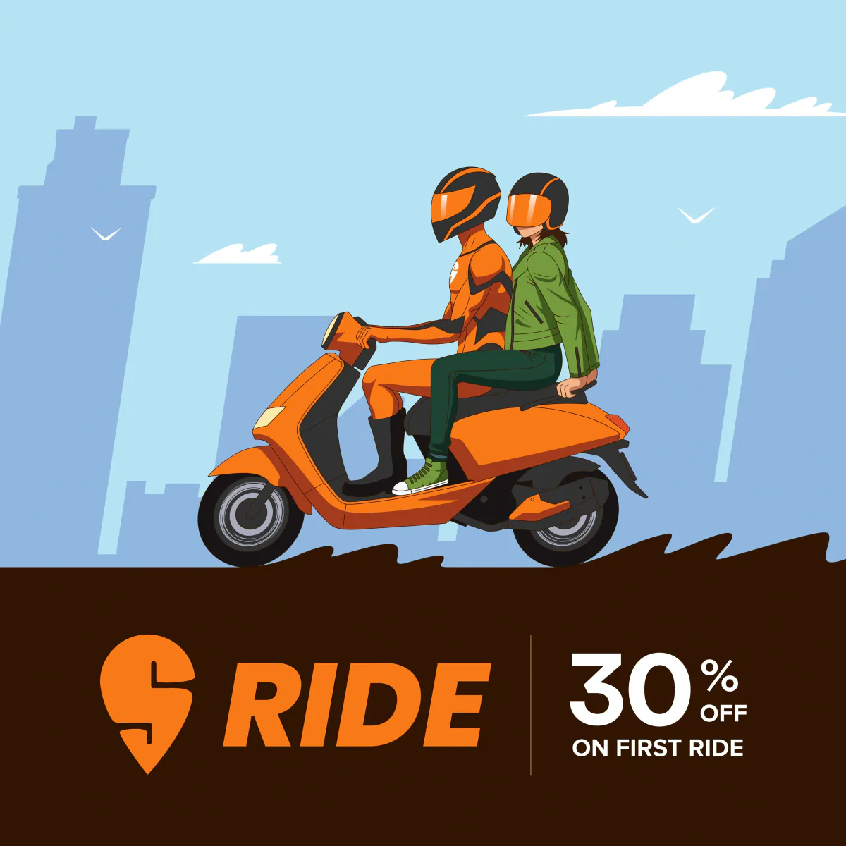 Ride ad offering 30% off the first ride, two riders on a scooter past blue city buildings