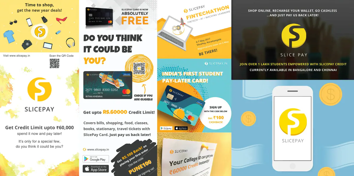 Collage of earlier SlicePay posters and ads in yellow, orange and blue