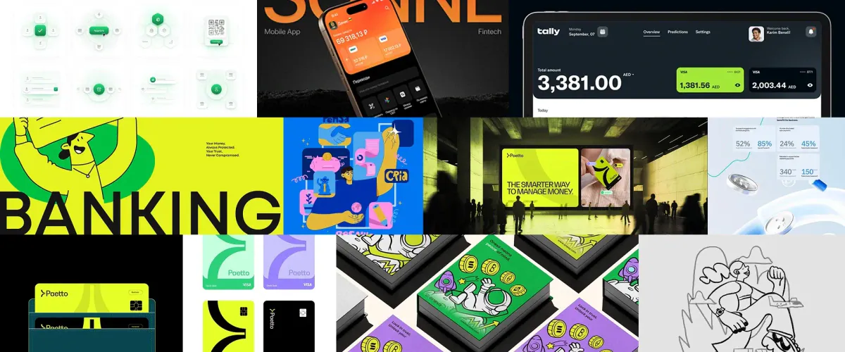 Moodboard of fintech apps, bold typography and playful illustration