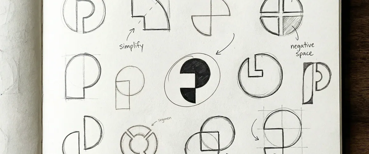Pencil sketches exploring a sliced circle forming the letter P