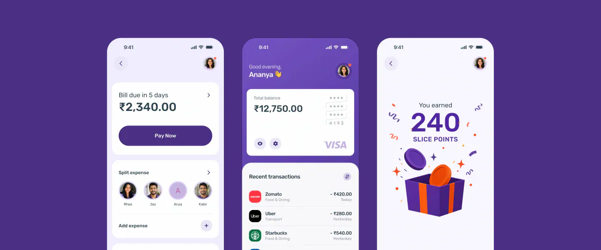Three Slice app screens showing balance, transactions and rewards on purple