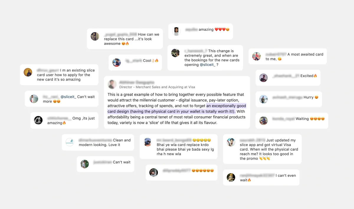 Collage of customer comments praising the new Slice card design