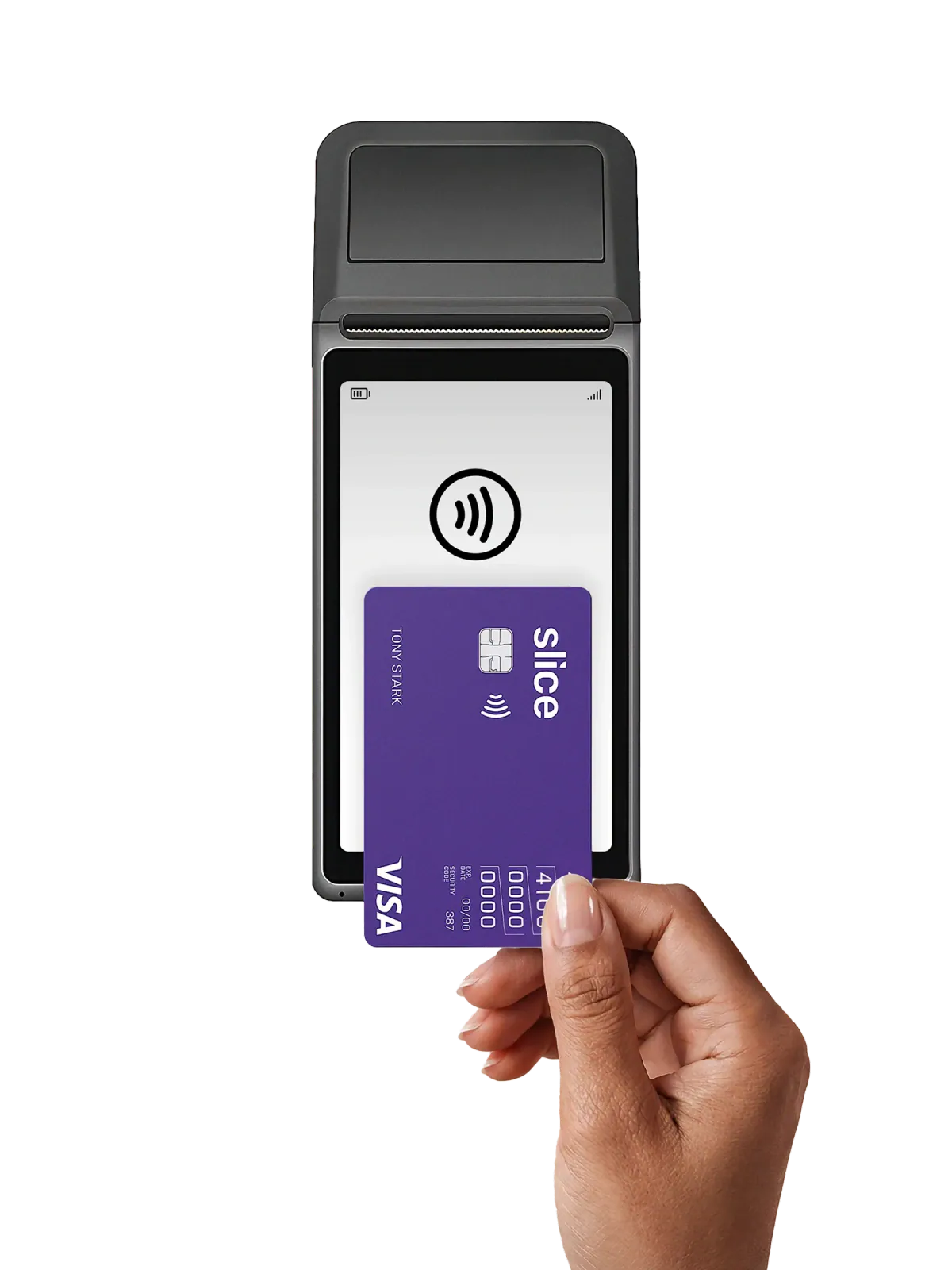 Hand tapping a purple Slice Visa card on a card terminal