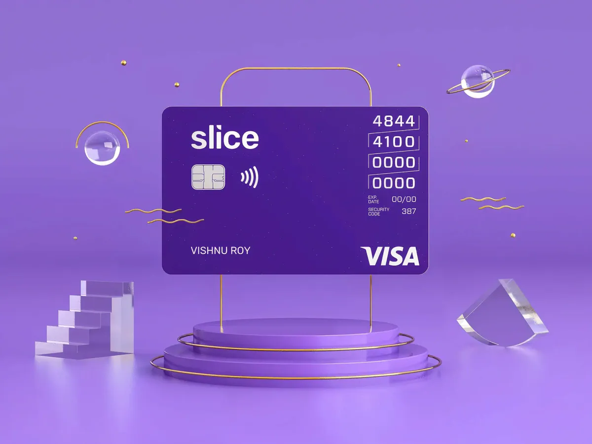 Purple Slice credit card floating above a pedestal in a 3D scene