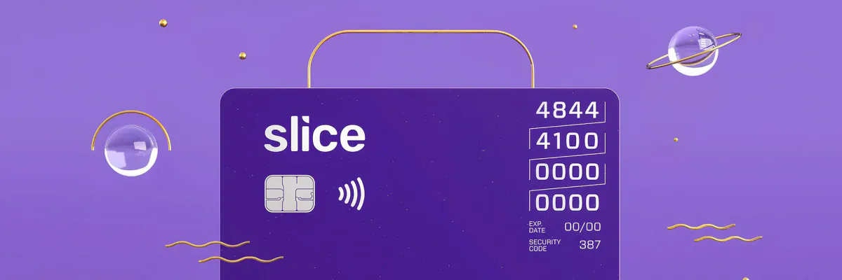 Purple Slice credit card with gold accents on a lavender background