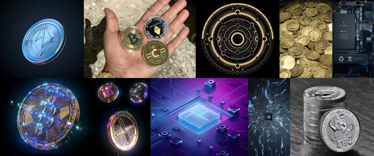 Moodboard of crypto coins, circuit patterns and glowing tech renders