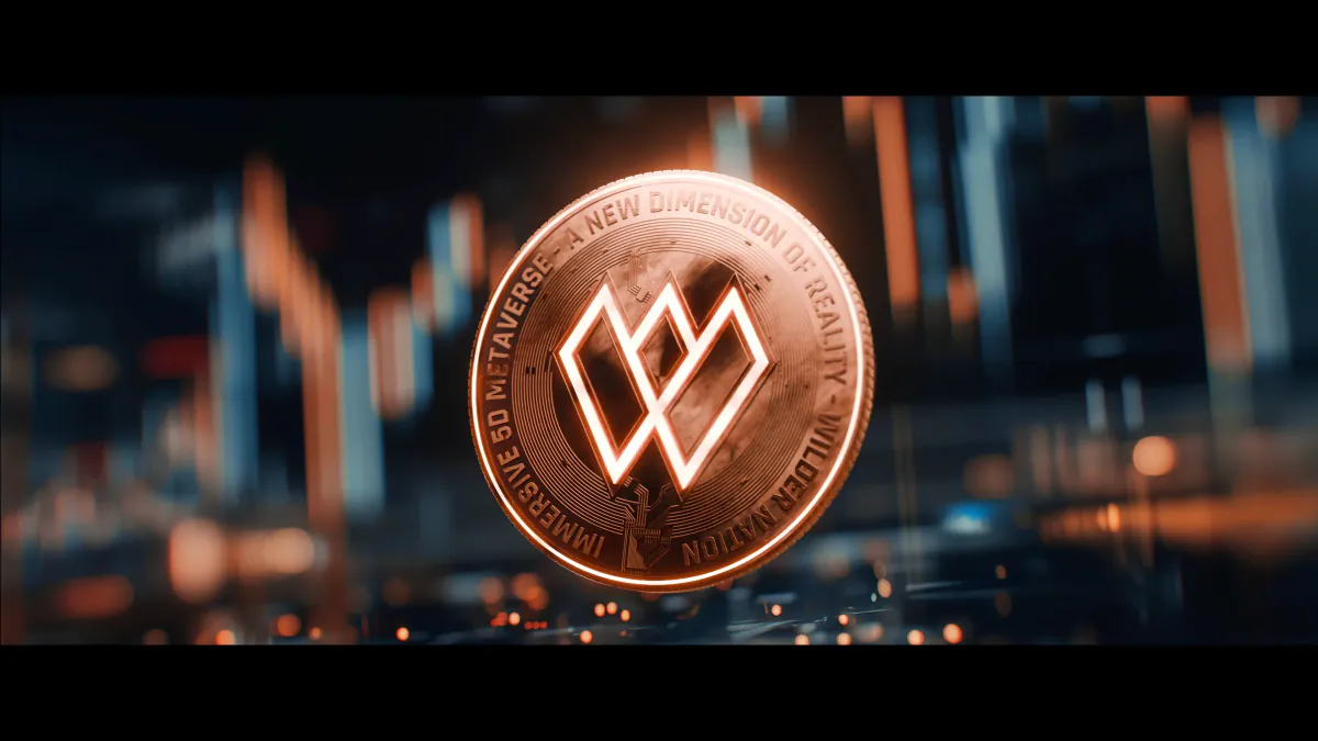 Glowing copper $WILD coin floating over a blurred city of market charts
