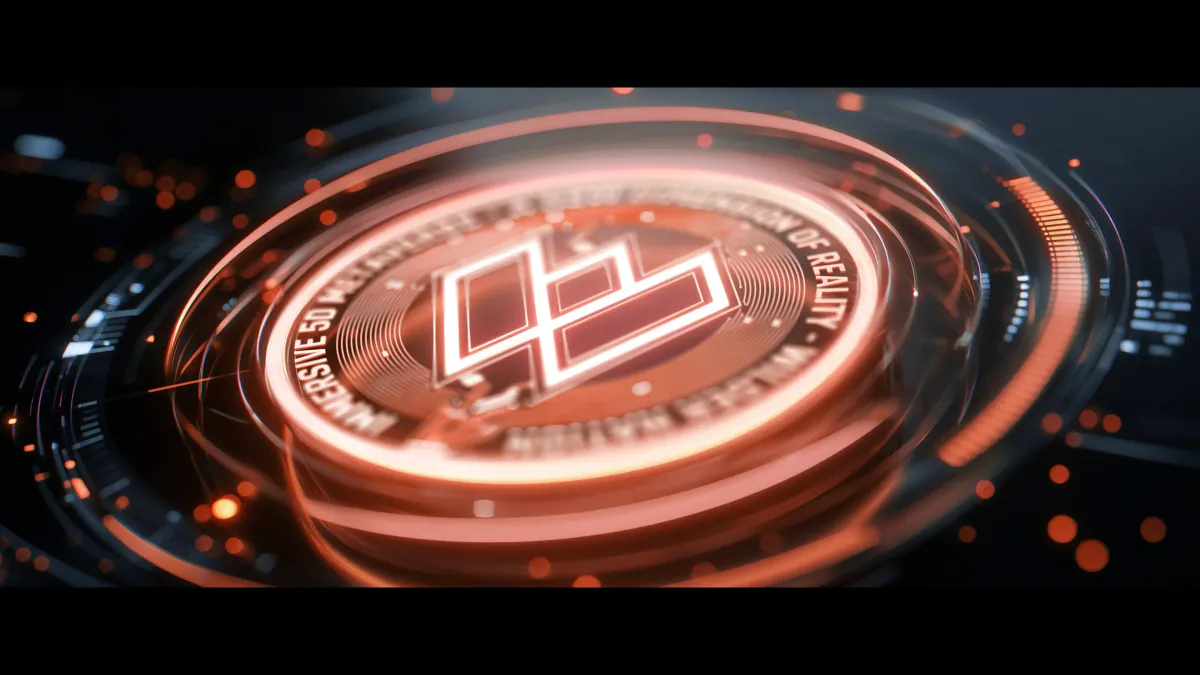 Copper $WILD coin lit by orange rings of a holographic interface