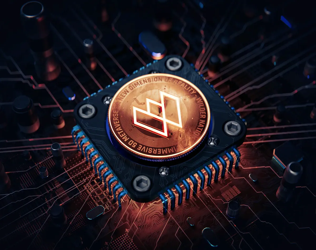 Copper $WILD coin set into a chip on a glowing circuit board