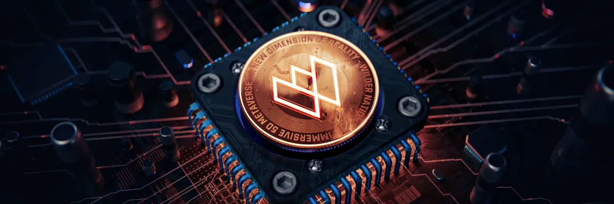 Copper $WILD coin with the W monogram resting on a circuit board chip