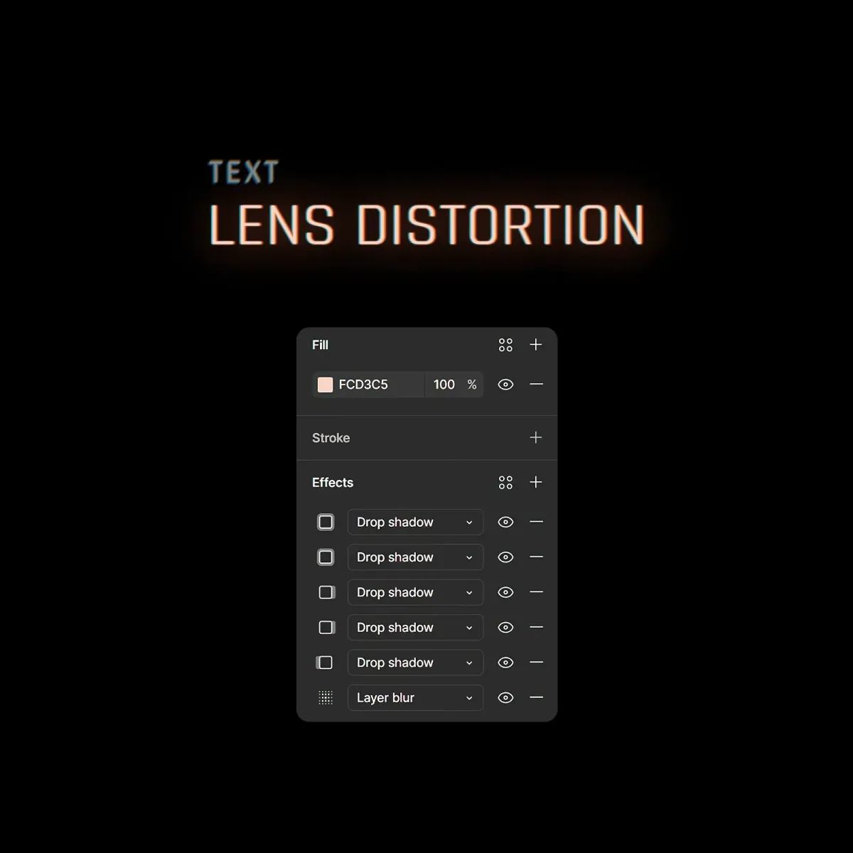 Text Lens Distortion title glowing above a panel of drop shadow and layer blur effects