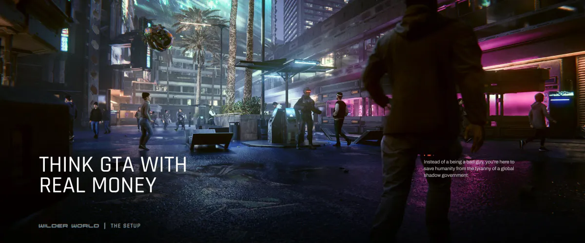 Think GTA With Real Money slide with a figure walking down a neon-lit street