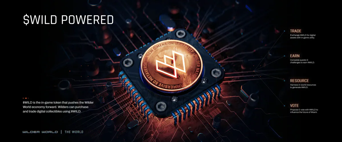 $WILD Powered slide with a glowing coin on a circuit board