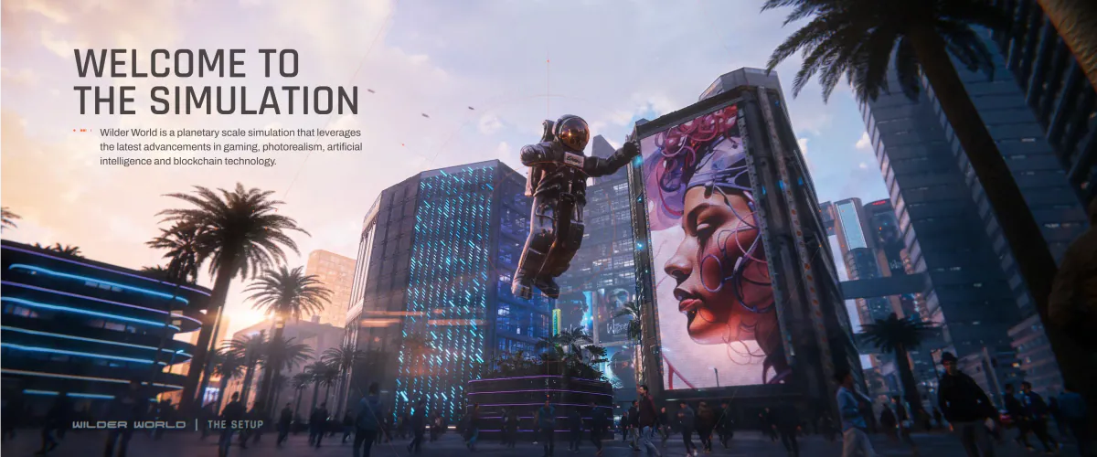 Welcome to the Simulation slide with an astronaut beside a billboard in a futuristic city