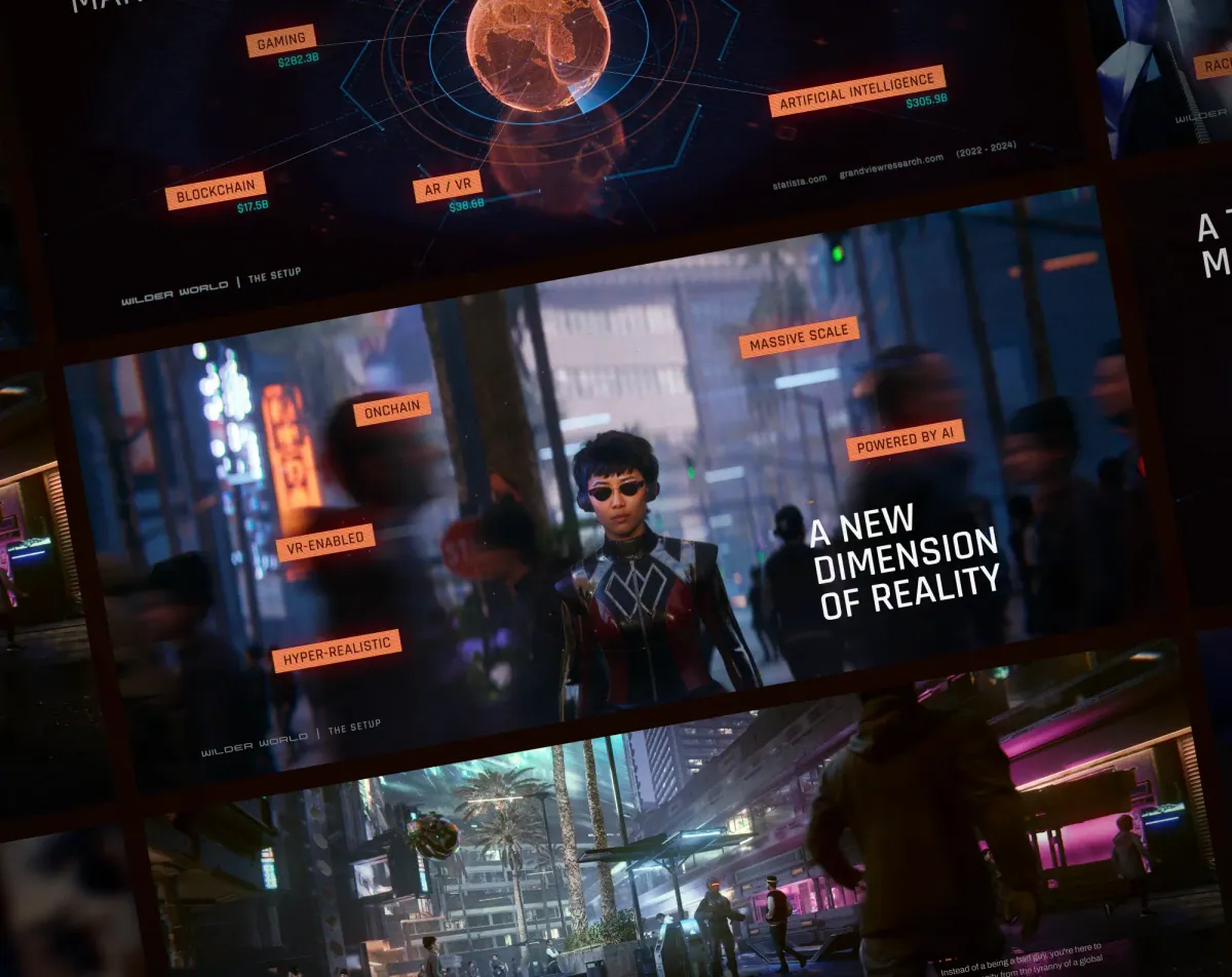 Tilted pitch deck slides, including A New Dimension of Reality with a woman on a neon-lit street