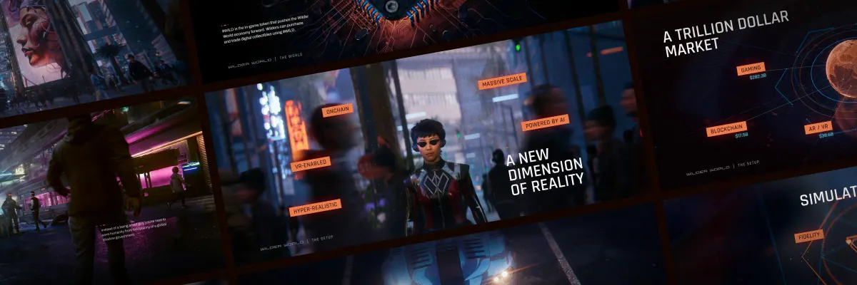 Row of tilted Wilder World pitch deck slides on a dark background