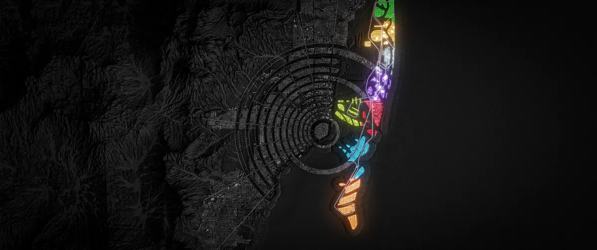 Dark terrain map with colour-coded districts glowing along the coast
