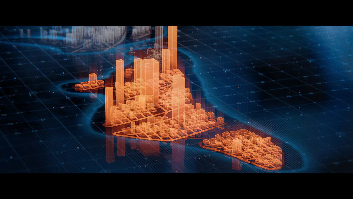 District Zero highlighted in orange on the holographic city map