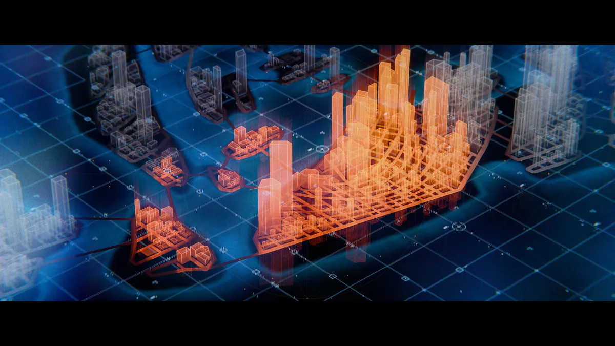 Little Meow highlighted in orange on the holographic city map