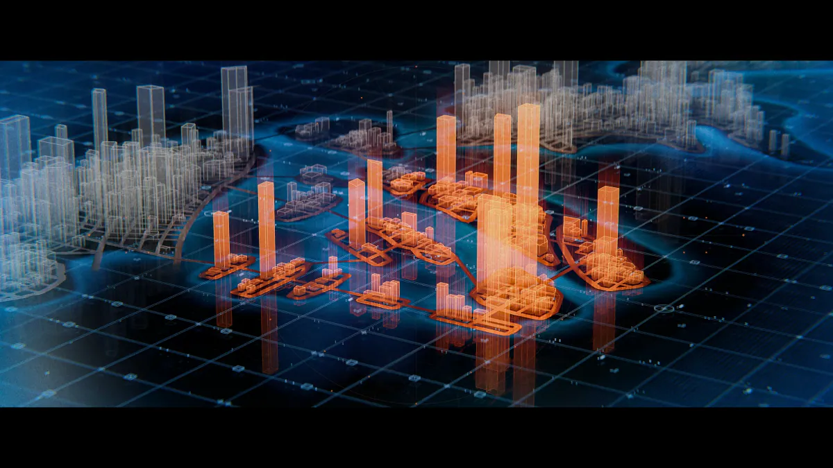 Tranquility Gardens highlighted in orange on the holographic city map