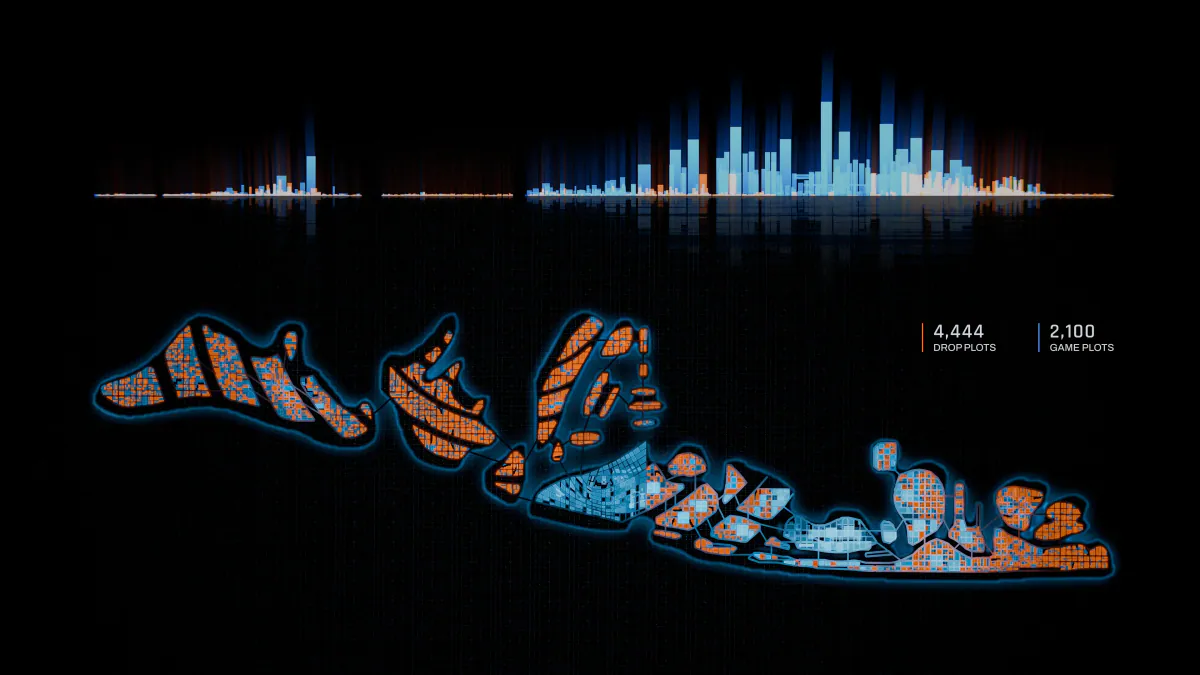Glowing skyline above the island plot map, with 4,444 drop plots and 2,100 game plots